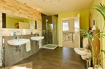 ECO System HAUS – Badezimmer in grün und braun mit Waschbecken, Dusche und WC