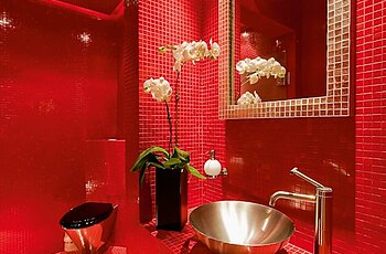 ECO System HAUS – Badezimmer in rot, Ansicht Waschbecken