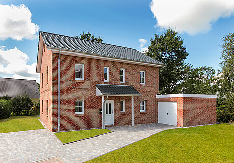 ECO System HAUS – Vario-Haus mit rotem Haus, dunklem Dach und weißen Fenstern, Garage und Vorgarten