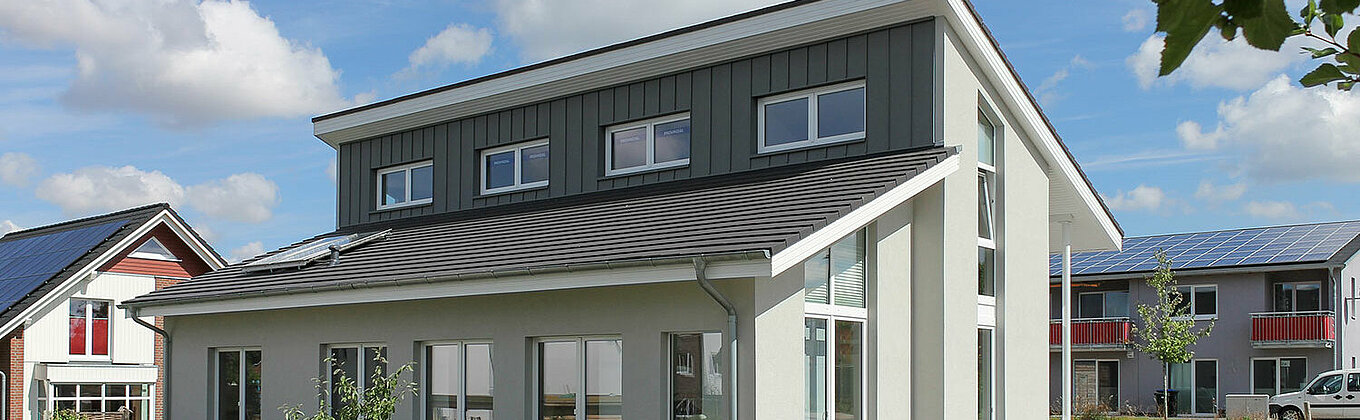 ECO System HAUS – Pultdachhaus mit grauem Stein und grauem Dach