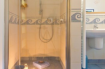 ECO System HAUS – Badezimmer mit blauen und weißen Fliesen, Ansicht Dusche